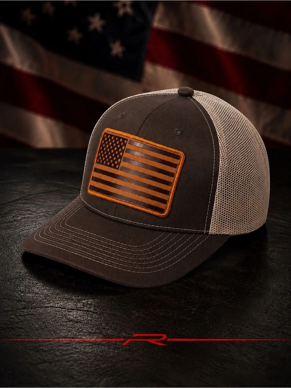 Brown / Khaki American Flag Leather Patch Trucker Hat – Breathable Mesh Back Cap